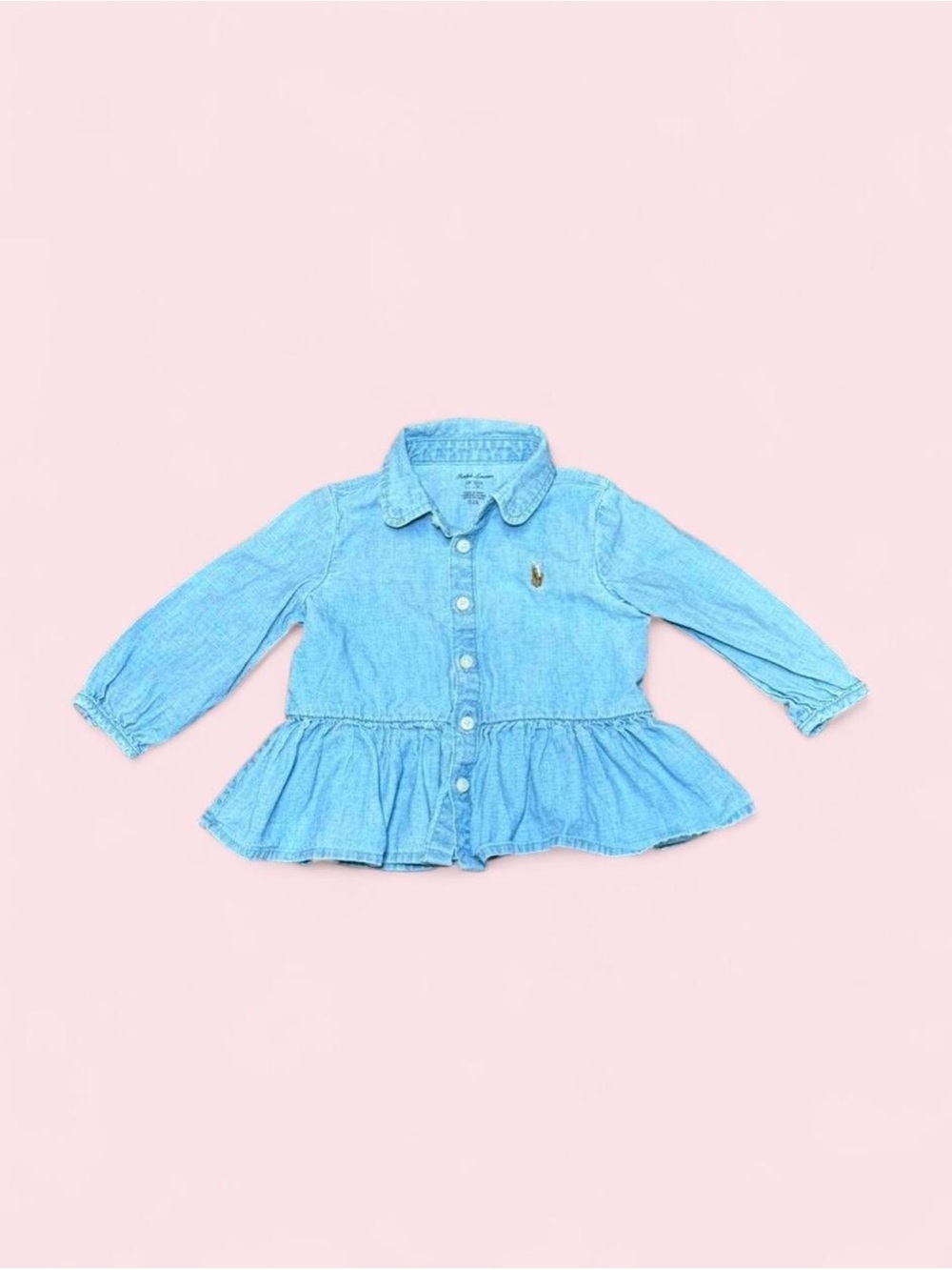 Ralph Lauren Baby Girl 6M Chambray Denim Button Up Shirt Pony Logo Preppy EUC